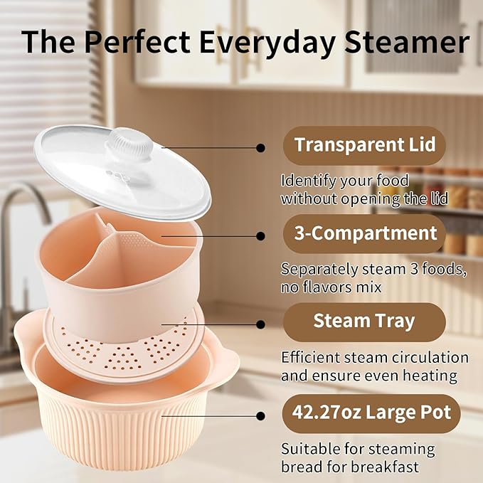 Microwave Vegetable Steamer, Silicone Microwave Cooker for Broccoli, Rice, Chicken & Eggs, Healthy Low Carb Cooking, Baby Food Maker, Double Layer Design, Dishwasher Safe