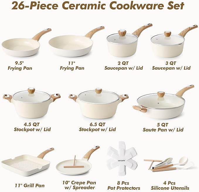 SENSARTE Ceramic Cookware Sets, Pots and Pans Set Non stick, Non toxic Healthy Induction Cookware, 26 Pcs Nonstick Kitchen Cooking Set, w/Frying Pans Set, Saucepans Set