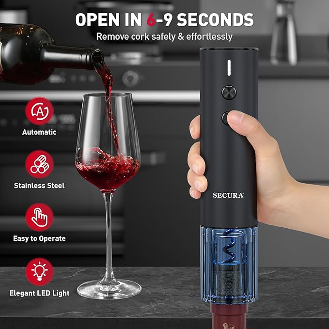 Secura Stainless Steel Electric Wine Opener, Rechargeable Automatic Wine Bottle Opener with Foil Cutter & Charging Cable, Reusable Corkscrew Wine Opener Electric for Home Party Bar Outdoor, Black