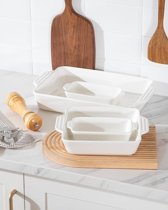 Sweejar Ceramic Bakeware Set of 4, Casserole Dishes for Oven, Rectangular Baking Dish with Handles, Lasagna Pans Deep for Cooking, Gratin, Roasting, Banquet and Daily Use (White)