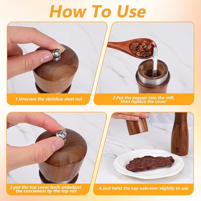 Kifmurase 2PCS Wooden Salt and Pepper Grinder Set, 8.7 inch Manual Refillable Salt Pepper Mills with Adjustable Coarseness, Solid Acacia Wood with Ceramic Grinding Core, Peppercorn Shaker Tableware