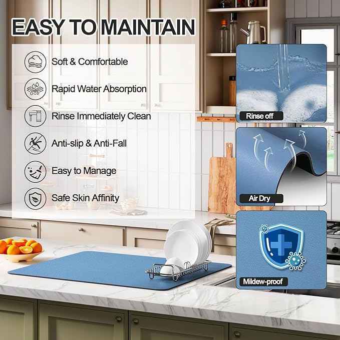 Ecotrim - Dish Drying Mat for Kitchen Counter | Coffee Bar Mat for Countertops | Heat Resistant Drainer Mat with Non-slip Rubber Backed | Hide Stain Kitchen Absorbent Draining Mat | Blue 18"x32"