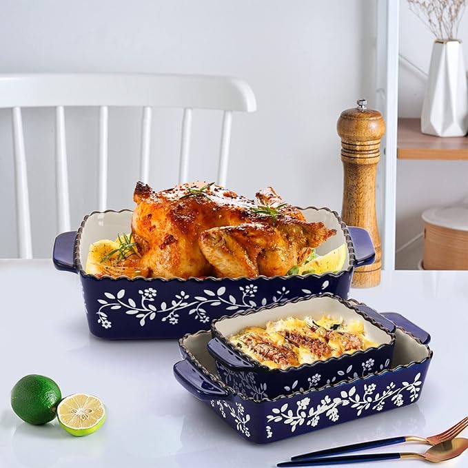 AVLA 3 Pack Ceramic Bakeware Set Porcelain Rectangular Baking Dish Lasagna Pans for Cooking Kitchen Casserole Dishes Cake Dinner 12 x 8.5 x 6 Inches of Baking Pans Banquet and Daily Use Cobalt Blue