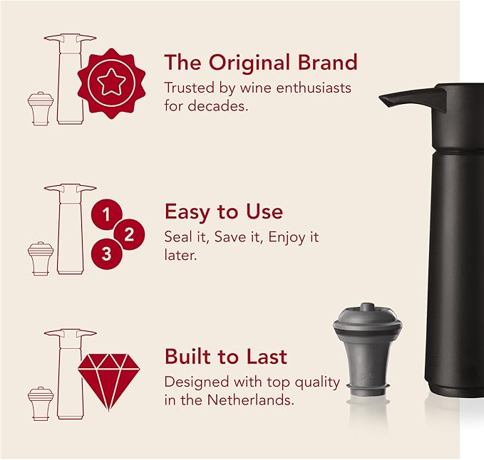 Vacu Vin Original Wine Saver with 1 Vacuum Bottle Stoppers – Black Wine Preserver Pump for Red or White Wine – Manual Air Remover System – Airtight Seal – Keep Wine Fresh Longer