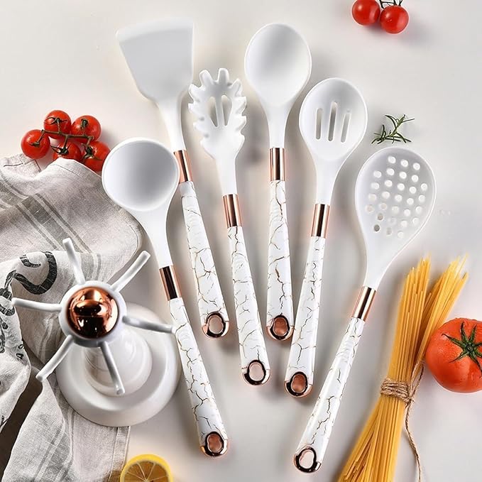 Kitchen Utensils Set,Cooking Utensils Set,Kitchen Utensils Set with Stand, 7pcs Silicone Cooking Utensils, Nonstick Pasta Spoons Skimmer Spatula Baking Kitchen Tools Gadgets(White)