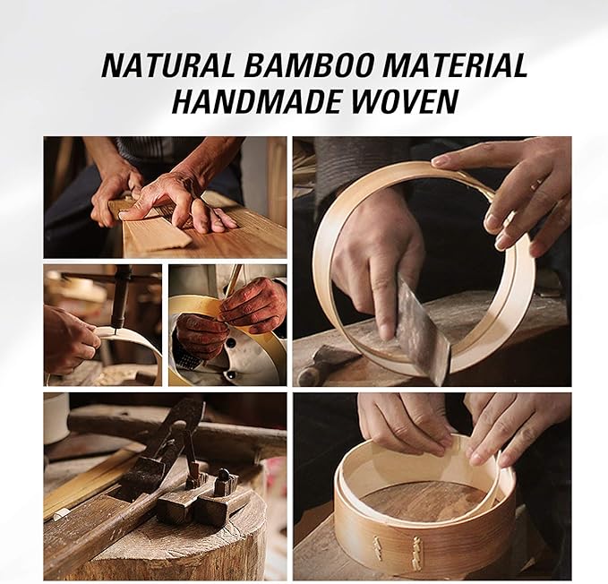 MacaRio Bamboo Steamer Basket Set 10 inch Dumpling Steamer for Cooking with Side Handles Ring Adapter Roller Dumpling Cutter & Press Liners for Dim Sum Dumplings Buns Seafoods Vegetables Rice