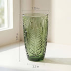 Vintage Green Drinking Glass, 16 oz Hand-Pressed Deep Textured Glass Cup, Fern Embossed Retro Glassware, Decorative Tumbler for Water, Cocktails & Juice, Boho Colored Kitchen Drinkware, Unique Gift