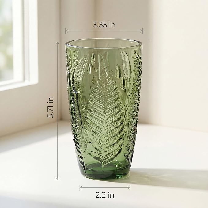 Vintage Green Drinking Glasses Set of 4, 16 oz Handcrafted Glass Tumblers, Heavy Textured Highball Cups, Fern Embossed Antique Colored Glassware, Retro Boho Aesthetic Drinkware, Housewarming Gift Set