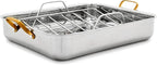 GreenPan Reserve 16" x 13" Tri-Ply Stainless Steel Roasting Pan with Roaster Rack, Multiclad Cookware, Induction Suitable, Gold Stainless Steel Handles, Dishwasher & Oven Safe, Silver