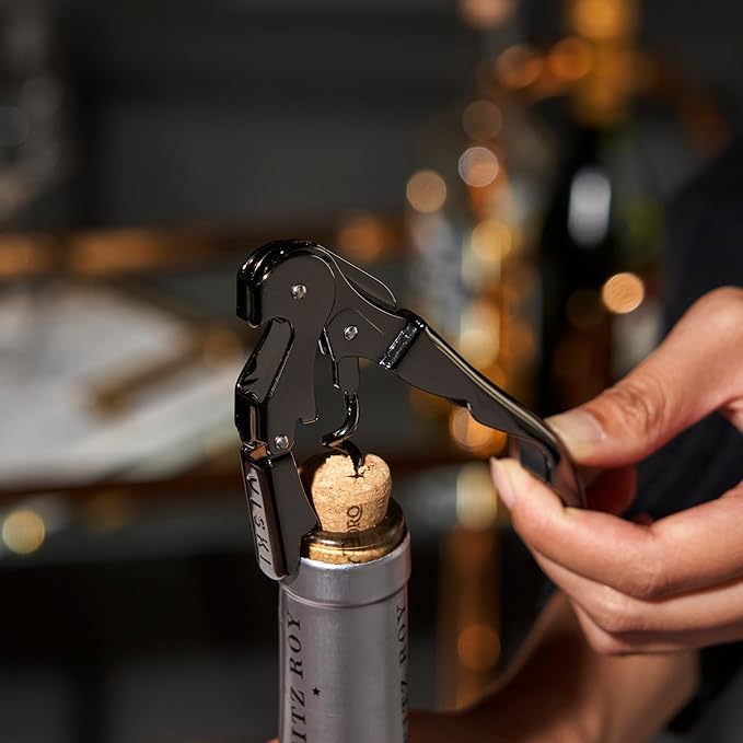 Viski Gunmetal Signature Double Hinged Waiters Corkscrew Wine Opener, Stainless Steel with Built-in Bottle Opener & Foil Cutter for Home Bar, Kitchen, Travel, Gifts for Wine Lovers, Set of 1, Black