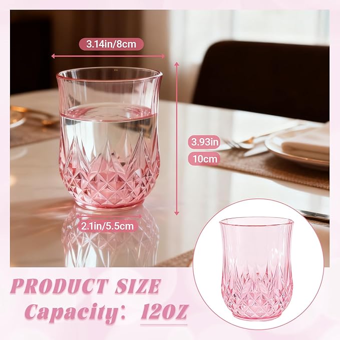 12 Pack Plastic Stemless Wine Glasses,12oz Unbreakable Vintage Elegant Drinking Glass Set,Reusable Fancy Cocktail Cups for Party, Wedding, and Bulk Events (12, 12oz-Pink)