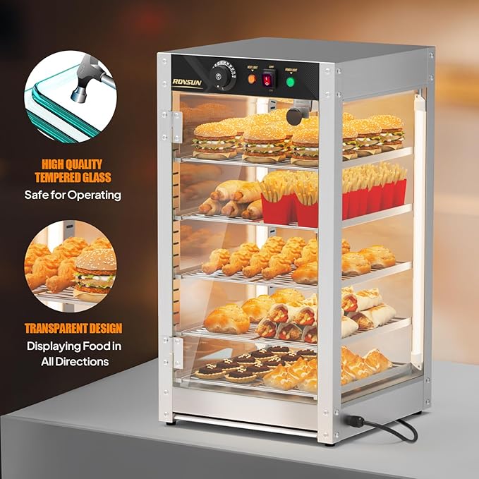 ROVSUN 5-Tier Commercial Food Warmer, 15" Pizza Warmer Food Warmer Display with LED Adjustable Lighting Glass Door Removable Shelves, Countertop Electric Food Warmer for Buffet Restaurant 110V 800W