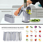 SUSTEAS Rotary Cheese Grater with Handle - Vegetable Shredder with 5 Well-designed Blades & Strong Suction Base,Round Mandoline Slicer & Food Chopper for Kitchen,with Blade Storage Box(Gray)