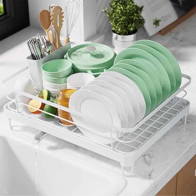 Kitsure Dish Drying Rack for Kitchen Counter, Stainless Steel Sink Organization and Storage Essentials with Cutlery Holder, Home and Appartment Decor, 12.7''W x 16.7''L, White