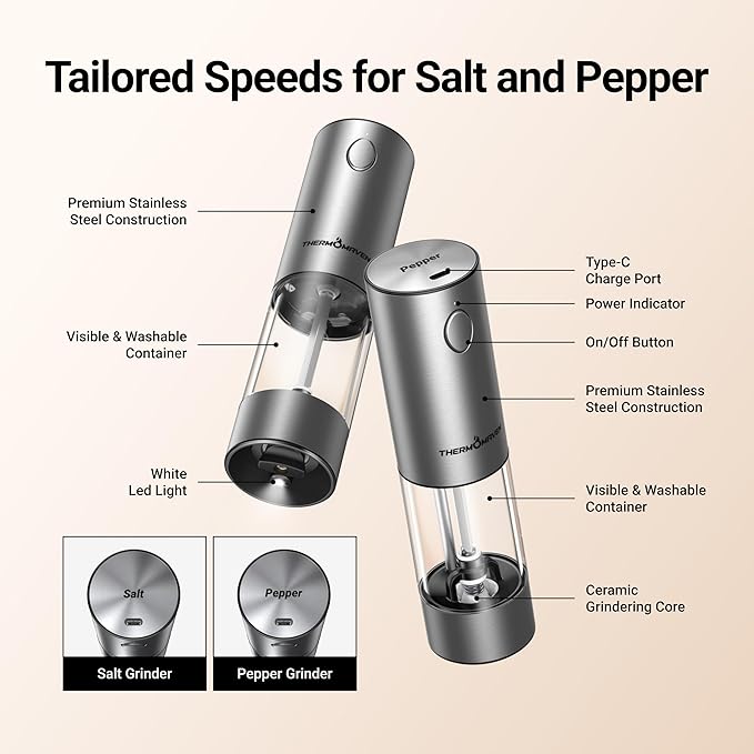 ThermoMaven Electric Salt and Pepper Grinder Set, 110ml Larger Rechargeable Automatic Salt and Pepper Mill Grinder with 6 Adjustable Coarseness, Electric Salt and Pepper Shakers, LED, White Sand