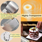 DATANYA 9Pack 3.15‘’ Cake Ring Molds with 3 Inch Cake Collars, Stainless Steel Food Rings Round & Square Cooking Ring Molds with Pressers, Transparent Acetate Sheet Cake Rolls for Baking Pastry