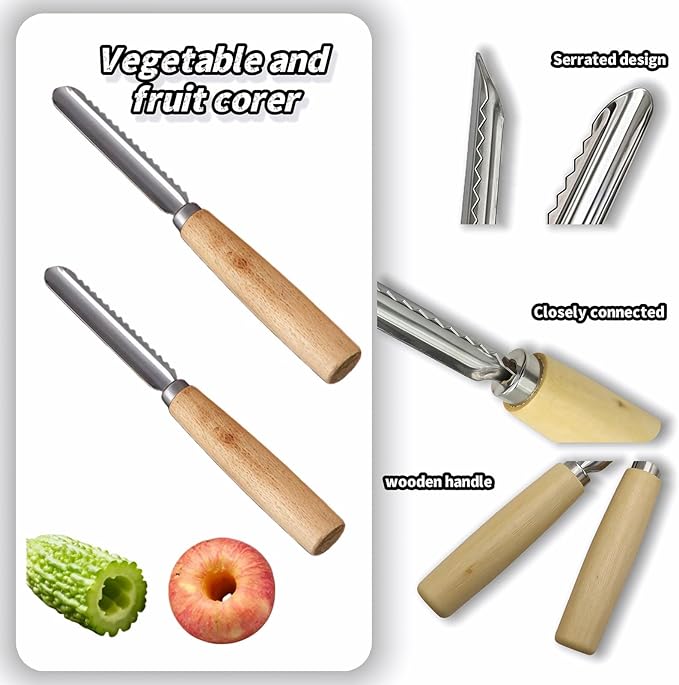 2-Pack Vegetable Corer Tool - 8" Stainless Steel Fruit & Veggie Corer for Zucchini, Apples, Eggplant - Hollow Out for Stuffing with Wood Handle - Kitchen Coring Tool
