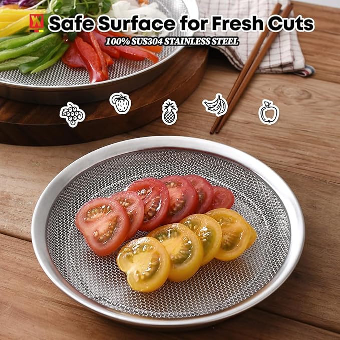 WAGENSTEIGER Stainless Steel Mesh Tray Set with Drip Pan, Air Fryer Basket and Tray, Kitchen Colander, Vegetable and Fruit Strainer, Food Filter, BBQ Prep Tool, Fruit Serving Dishes (7.48 inch)