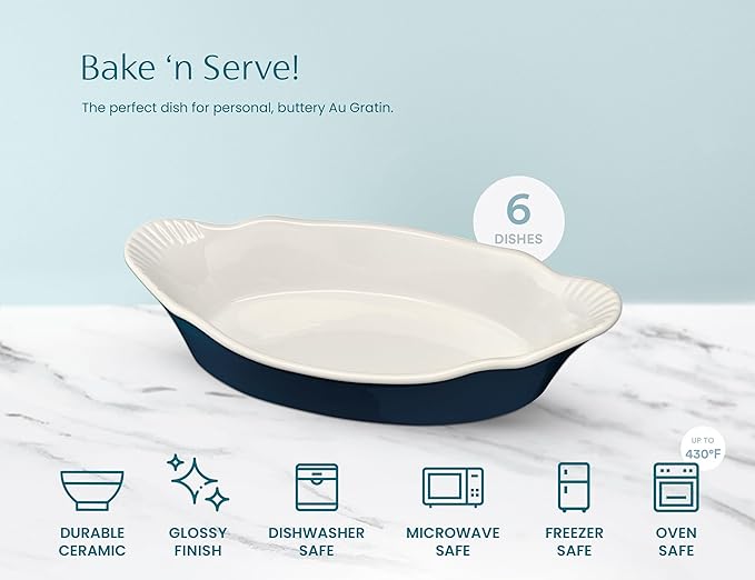 Au Gratin Baking Dishes, by Kook, Mini Casserole Dish, Set of 6, for Banana Split, Oven and Microwave Safe, Dishwasher Safe, Ceramic Serving Dishes, Lasagna & Cobblers, Individual Serving, 12 oz (Navy)