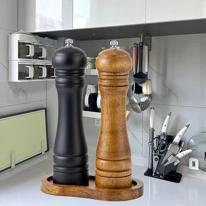 Salt and Pepper Wood Mill Tray, Retro Colour Pepper Grinder Rest, Work Surface and Dining Table Protector (Pepper Mill not Included)