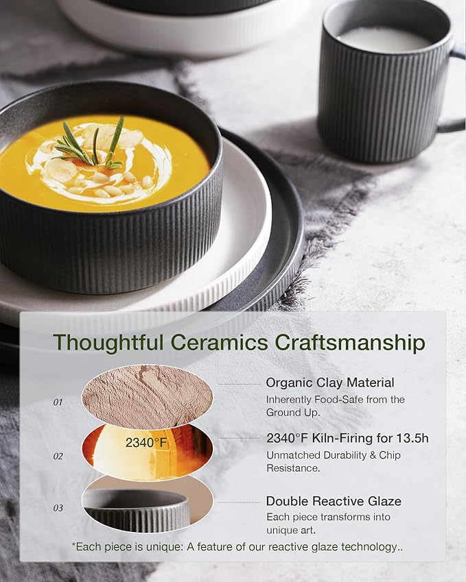 Famiware Star 24-Piece Reactive Glaze Plates and Bowls Sets, Service for 8 - Stoneware Dinnerware Set, High Edge Ribbed Dishes, Chip & Scratch Resistant, Microwave & Dishwasher Safe, White & Black