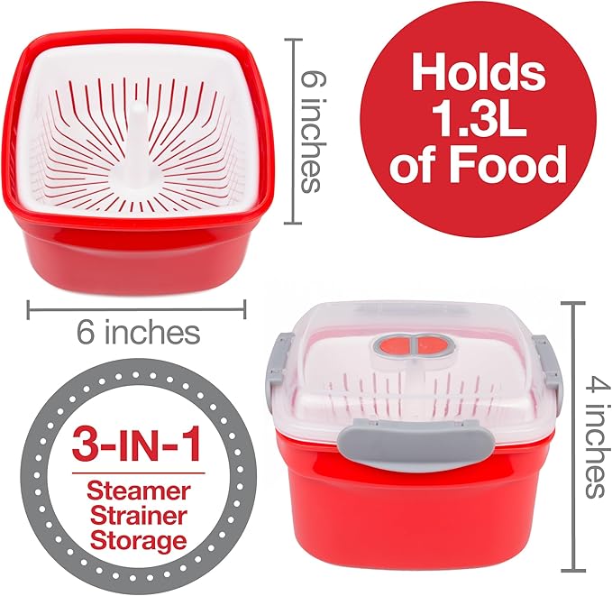 Microwave Food Steamer for Vegetables - 3 PC Microwavable Cooker with Storage- Cooking Made Easy- Removable Strainer Basket & Locking Steam Vent Lid - BPA Free, Fridge & Freezer Safe | 1.3 Liters