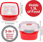 Microwave Food Steamer for Vegetables - 3 PC Microwavable Cooker with Storage- Cooking Made Easy- Removable Strainer Basket & Locking Steam Vent Lid - BPA Free, Fridge & Freezer Safe | 1.3 Liters