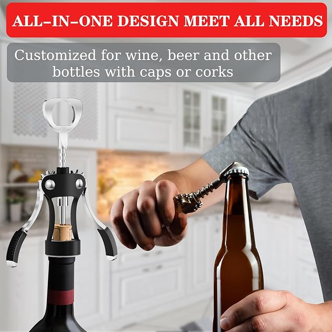 KORCCI Wine Opener, Heavy-Duty Zinc Alloy Wing Corkscrew, Premium Beer Bottle Opener, Multifunctional Wine Accessories with Ergonomic Handle and Sharp Screw, for Kitchen, Bar, Restaurant (BLACK)