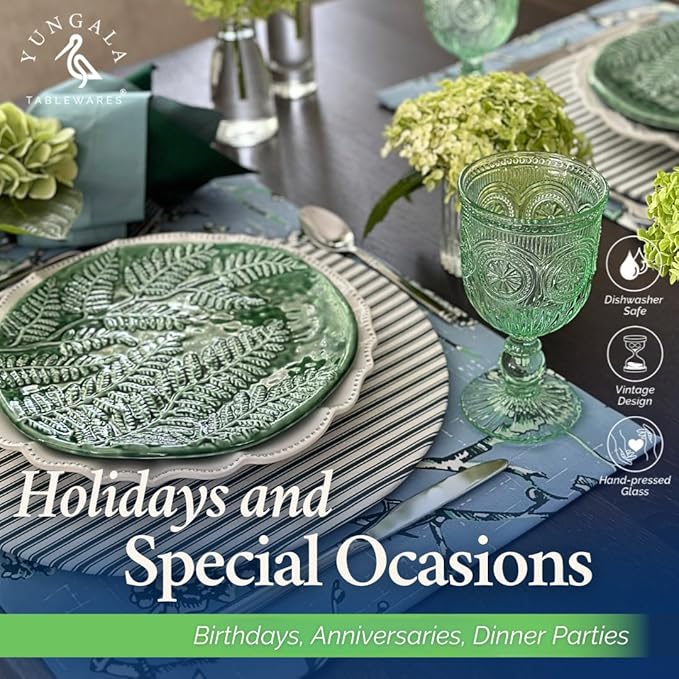 Yungala Green Wine Glasses Set of 6 Vintage Hobnail Goblets 10 oz Dishwasher Safe