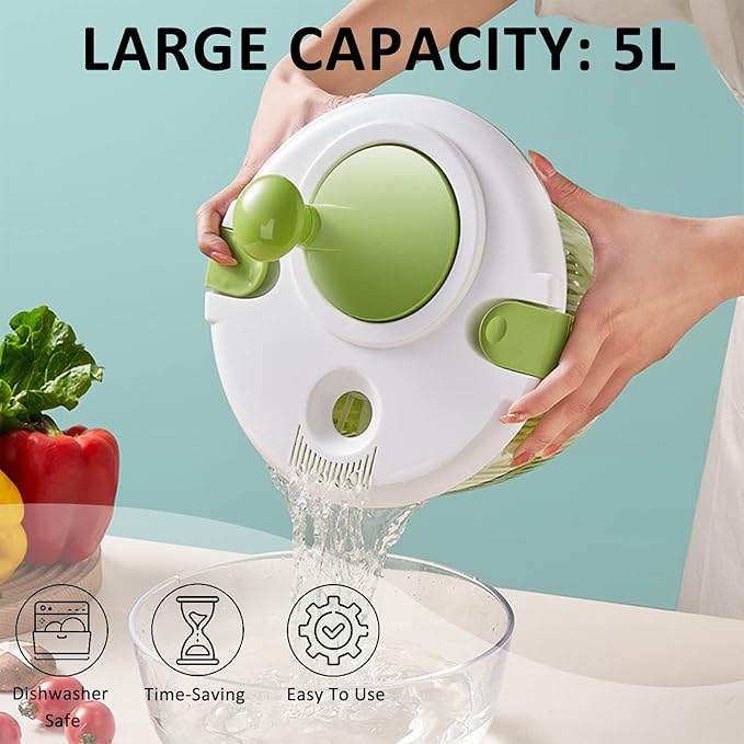 Salad Spinner, 5L Vegetable Washer Dryer Drainer Strainer with Bowl & Colander, Multi-Use Lettuce Spinner, Fruit Washer, Pasta and Fries Spinner