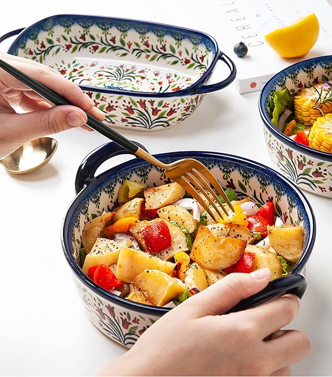 Vintage Style Tulip Flower Pattern Ceramic Bakeware Casserole Dish Baking Pan Lasagna Pans Baking Dish with Handles for Oven/Cooking/Kitchen-1 PCS-32 OZ