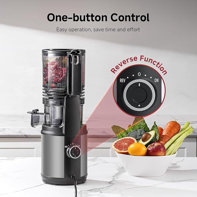 Cold Press Juicer Machine with 6" Extra-Wide Feed Chute,Triple Stainless Steel Filter,Quiet DC Motor,Easy to Clean,Slow Masticating Juicer High Juice Yield,Grey