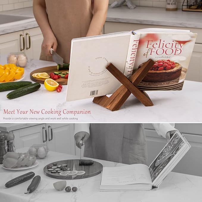Cookbook Stand, Wooden Recipe Book Holder, Cook Book Stand for Kitchen Counter, Multifunctional Display, Kitchen Counter Decor - Brown