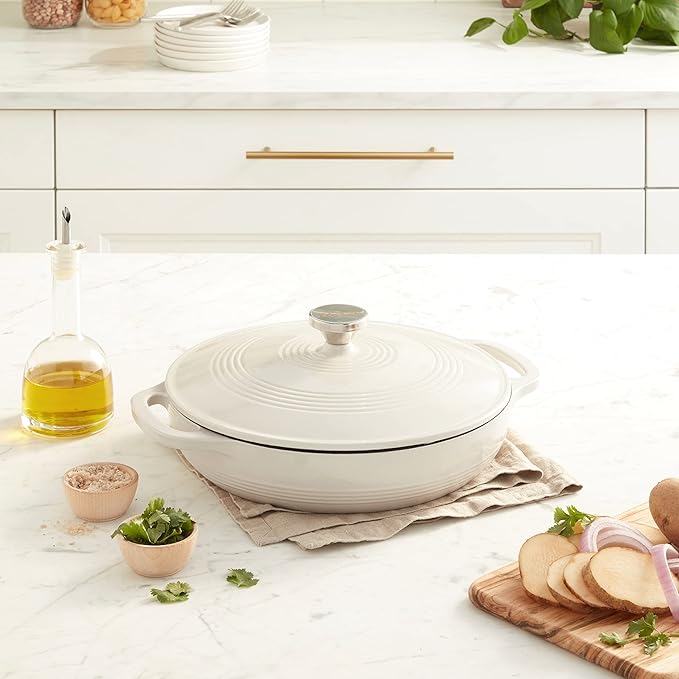 Lodge 3.6 Quart Enameled Cast Iron Round Casserole With Lid– Dual Handles – Oven Safe up to 500° F or on Stovetop - Use to Marinate, Cook, Bake, Refrigerate and Serve – Oyster White