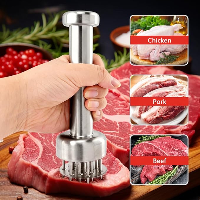Stainless Steel Meat Tenderizer Tool, 21 Sharp Needles, Chicken Meat Tenderizer, Tenderizing Steak, Beef, Chicken, Pork, Barbecue, Marinating Prep Tool, with Cleaning Brush and Seasoning Jars