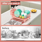 GAOKASE Dish Drying Rack, Stainless Steel-Dish Rack, Dish Racks for Kitchen Counter, Kitchen Dish Drainers with Removable Utensil Holder,New Drain Outlet,Plate Rack and Drainboard,(Pink-11 W x 15" L)