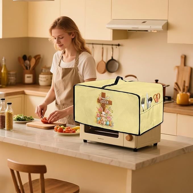 Easter Egg Bunny Cross Print Toaster Oven Cover for Kitchen Countertop Decor, Easter Kitchen Small Appliance Dust Cover Microwave Oven Protector, Yellow, (Small-14.5*18.46*9 inches)
