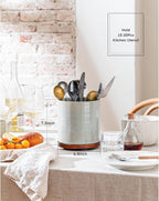 Utensil Holder, 360° Rotating Extra Large Ceramic Kitchen Utensil Holder for Countertop, 7.3" Cooking Utensil Crocks with Rotatable Wooden Base, Farmhouse Decor, Dusty Green