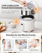 TLOG Low Carb Rice Cooker 2L(8 Cups Cooked), Low Sugar Healthy Rice Maker with 304 Stainless Steel Steamer Basket, 5 Cooking Presets, 24H Timer & Keep Warm Function