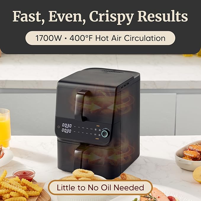 Elite Gourmet Dual Stacked Air Fryer, 10.5 Qt Total Capacity, PFAS-Free Nonstick Baskets, Sync Cook & Sync Finish, 10 Presets, 1700W, Black
