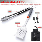 5-Piece Grill Tools Set, BBQ Grilling Accessories with Spatula, Tongs, Portable Grill Utensils Set with Hooks & Storage Apron, Stainless Steel Grilling Tools Kit, Gifts for Men Dad