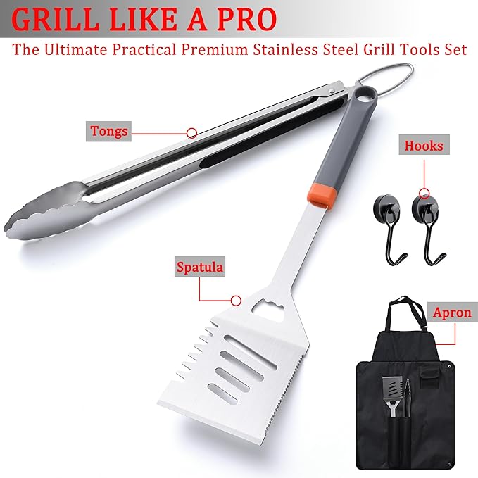 5-Piece Grill Tools Set, BBQ Grilling Accessories with Spatula, Tongs, Portable Grill Utensils Set with Hooks & Storage Apron, Stainless Steel Grilling Tools Kit, Gifts for Men Dad