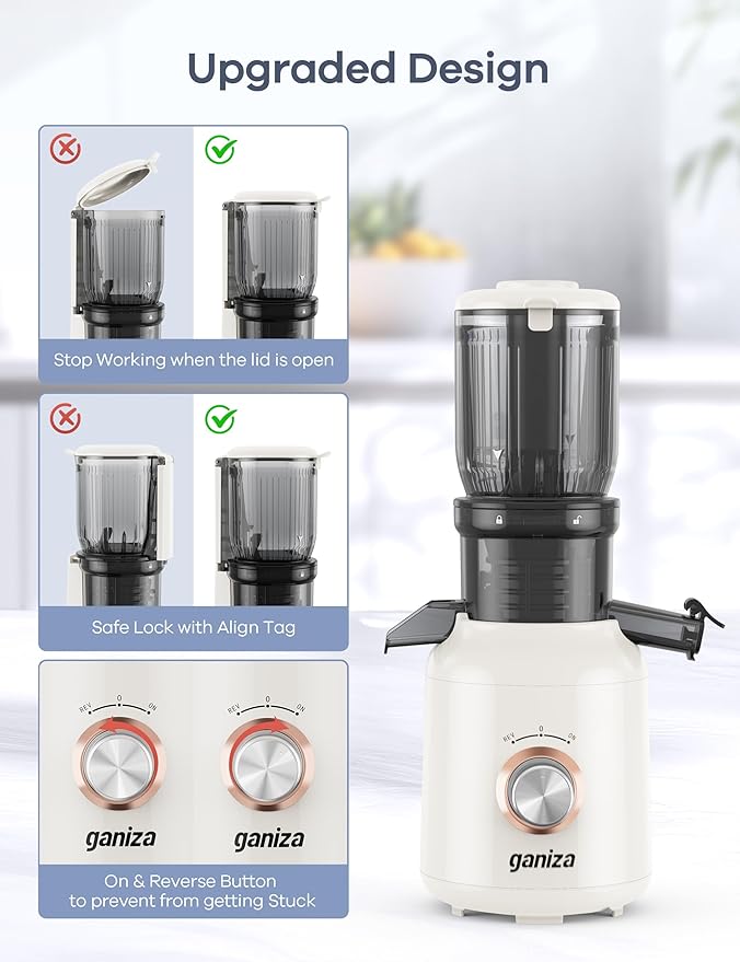 Ganiza Juicer Machines, Cold Press Juicer with Large Feed Chute for Whole Fruits & Vegetables, Slow Masticating juicers with 3 Replace Filters for Batch Juicing, Easy to Clean, BPA Free (White)