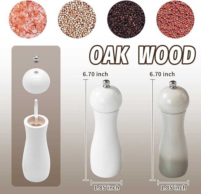 SHIKORI Manual Wooden Salt and Pepper Mills Shakers, 6.5 inch Salt and Pepper Grinders,Ceramic Rotor with Strong Adjustable Coarseness-Beige