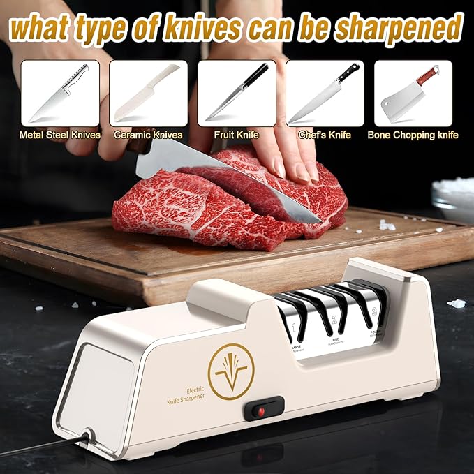VIDOME Professional Electric Knife Sharpener with 100% Diamond Abrasives, 3-Stage Precision Angle Guides, Champagne Gold, for Kitchen Straight Edge and Ceramic Knives