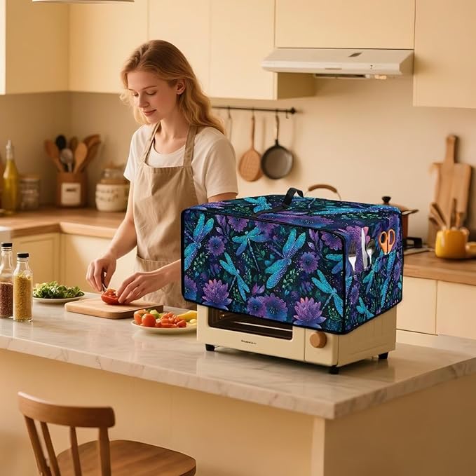 Dragonfly Lotus Print Toaster Oven Cover Compatible with Most Toaster Ovens, Heavy Duty Dust-proof Microwave Oven Cover for Kitchen Counter, Purple (Large-18.5 * 22.5 * 12.99 inches)