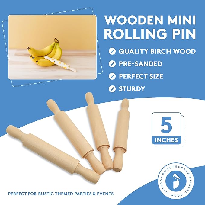 Wooden Mini Rolling Pin, 5 Inches Long, Pack of 6, Great for in The Kitchen and Crafting, Party Favors by Woodpeckers
