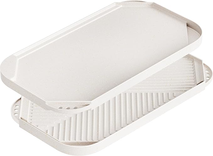 Nonstick Griddle Grill Pan - 19.5" x 11" Reversible Griddle Pan for Stove Top, Grill, or Campfire, Two Burner Cast Aluminum Grill, Rectangular Baking Flat and Ribbed Griddle Plate, Beige