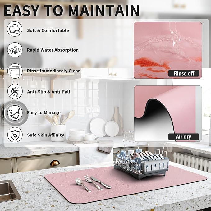 HotLive Dish Drying Mat for Kitchen Counter, Heat Resistant Drainer Mats with Non-slip Rubber Backed, Hide Stain Kitchen Super Absorbent Draining Mat, Easy to Clean Dish Rack Pad, Pink 18"x24"