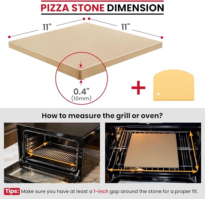 Unicook Pizza Stone for Oven and Grill, 11 Inch Square Baking Stone for Bread, Small Cordierite Oven Grill Pizza Pan, Thermal Shock Resistant, Including Dough Scraper